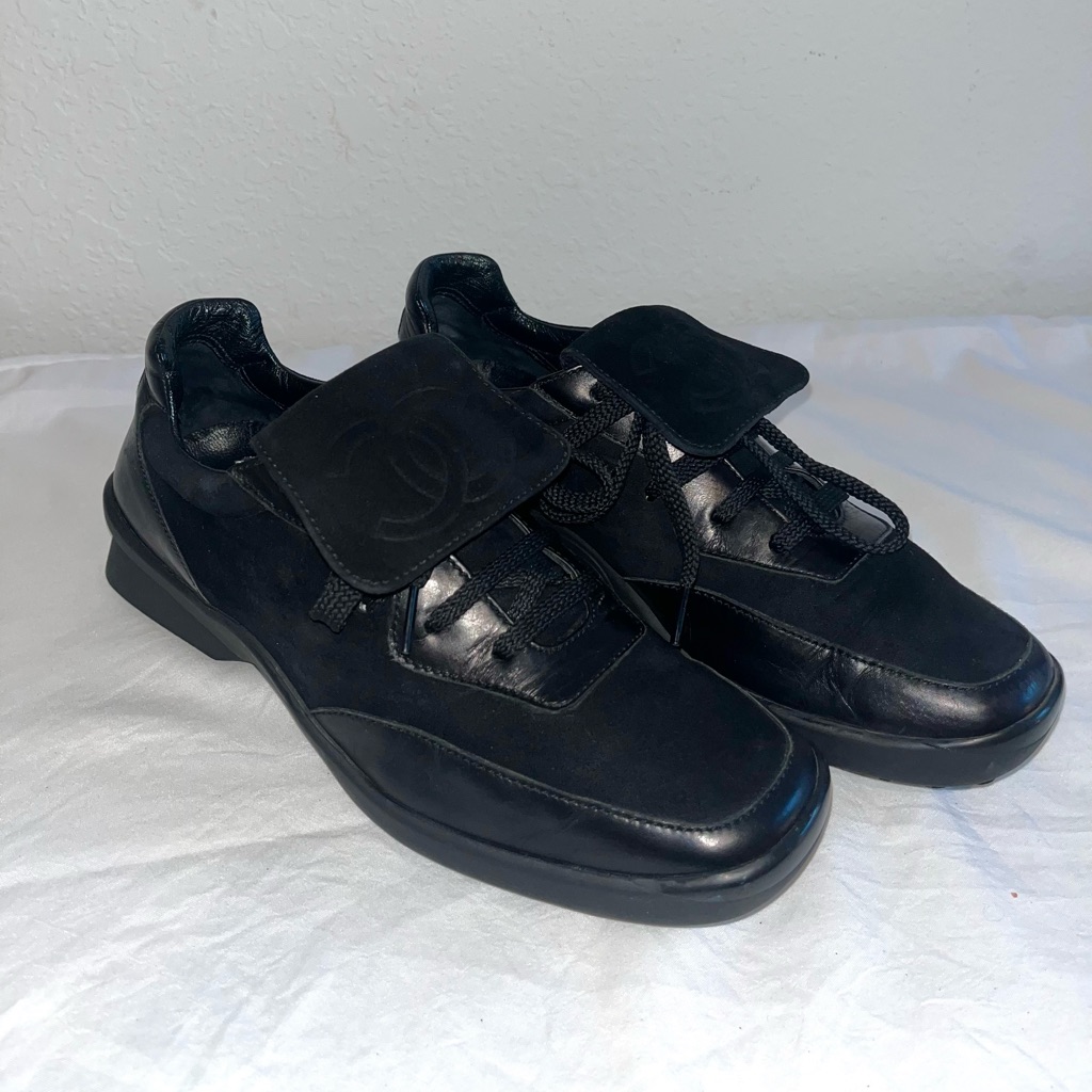 Chanel Cc Logo Black Leather And Suede Sneakers Size 6